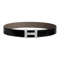 HERMES Calfskin Leather Belts Men's Black/Tin Gray Width 3.8cm