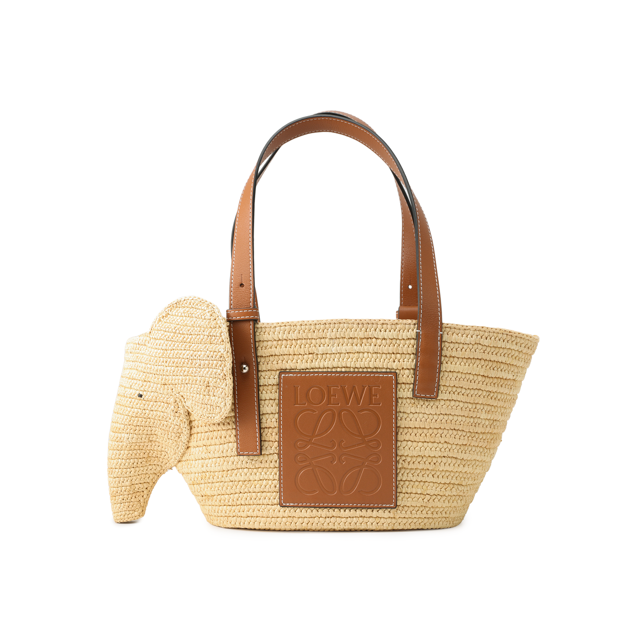 LOEWE Elephant Basket Bag In Raffia And Calfskin Small Natural/Tan