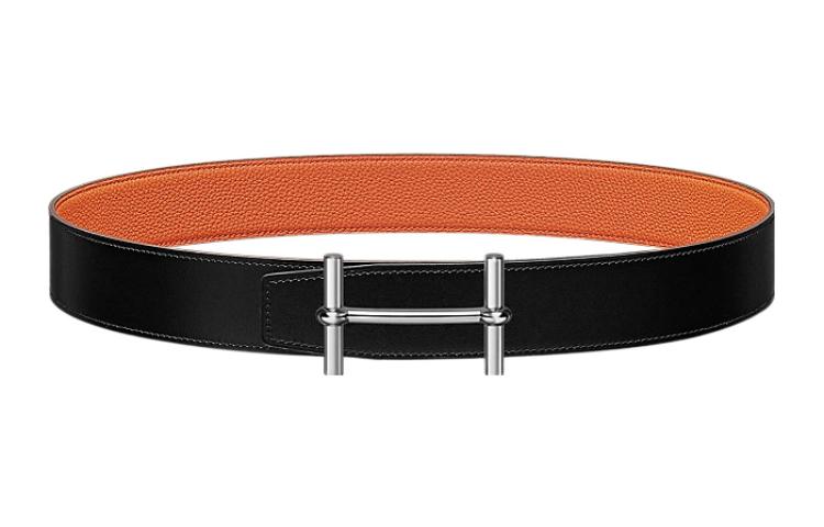 HERMES Business Comfortable Silver Buckle Togo Calfskin Double Sided Leather Belt Men's Black/Orange Width 3.8CM