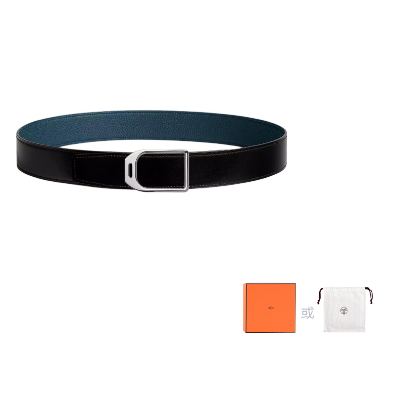 HERMES Calfskin Leather Belts Men's Blue Marine/Blue Dazhili Width: 3.8CM