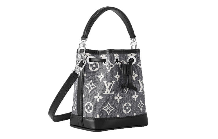 LOUIS VUITTON NOE Denim With Cow Leather Trim Bucket Bag, Handbag, Shoulder Bag, Crossbody Bag Extra Mini Women's Gray