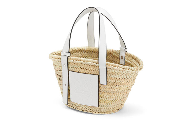 LOEWE Basket Bag In Palm Leaf And Calfskin Small Natural/White