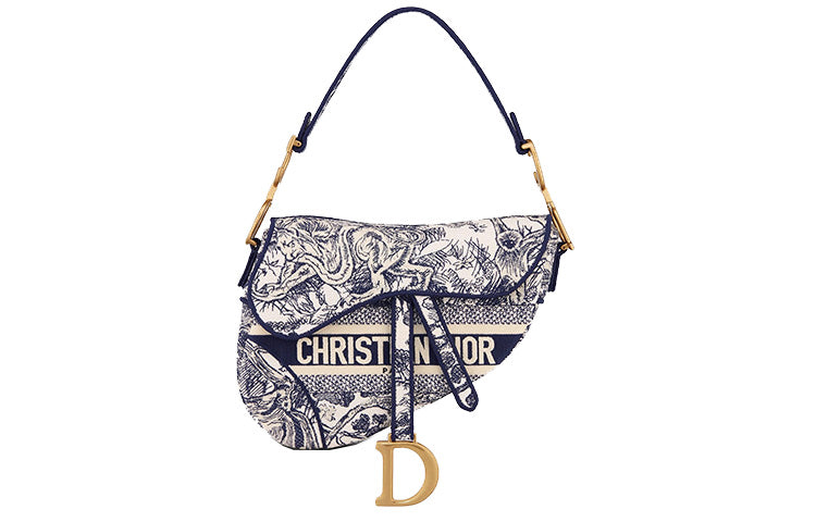 DIOR Saddle Embroidery Saddle Bag, Shoulder Bag, Handbag Medium Size Women's Blue