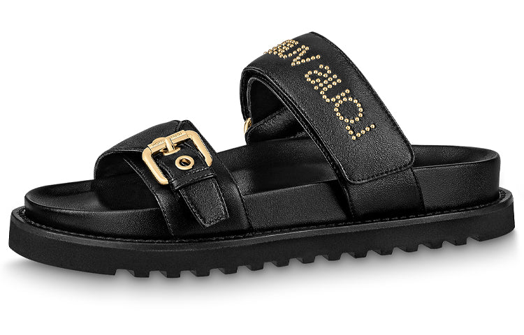LOUIS VUITTON Paseo Comfort Quiet Slide Slippers Women's Black Gold