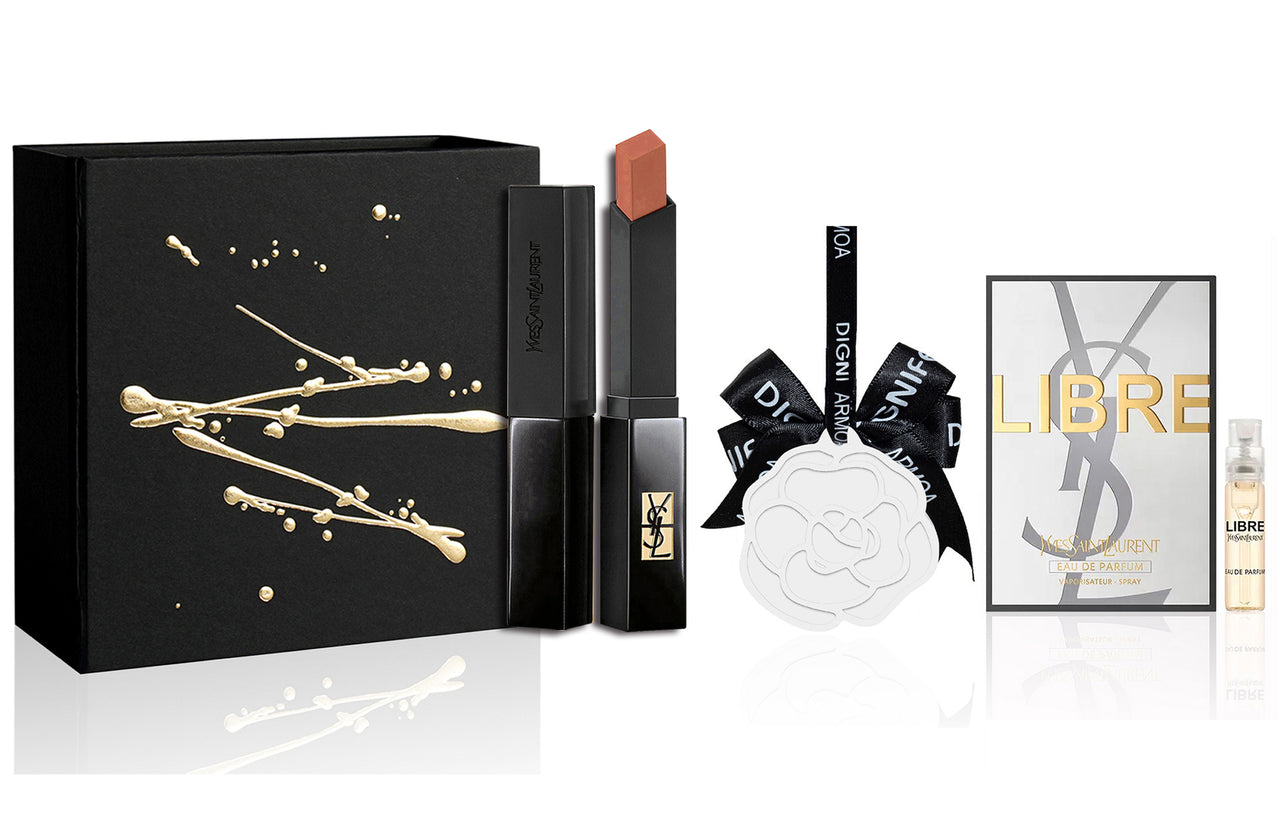 SAINT LAURENT Small Gold Bar/Small Black Stripes Lipstick Set Velour Natural Easy to Blend Houndstooth Style Box