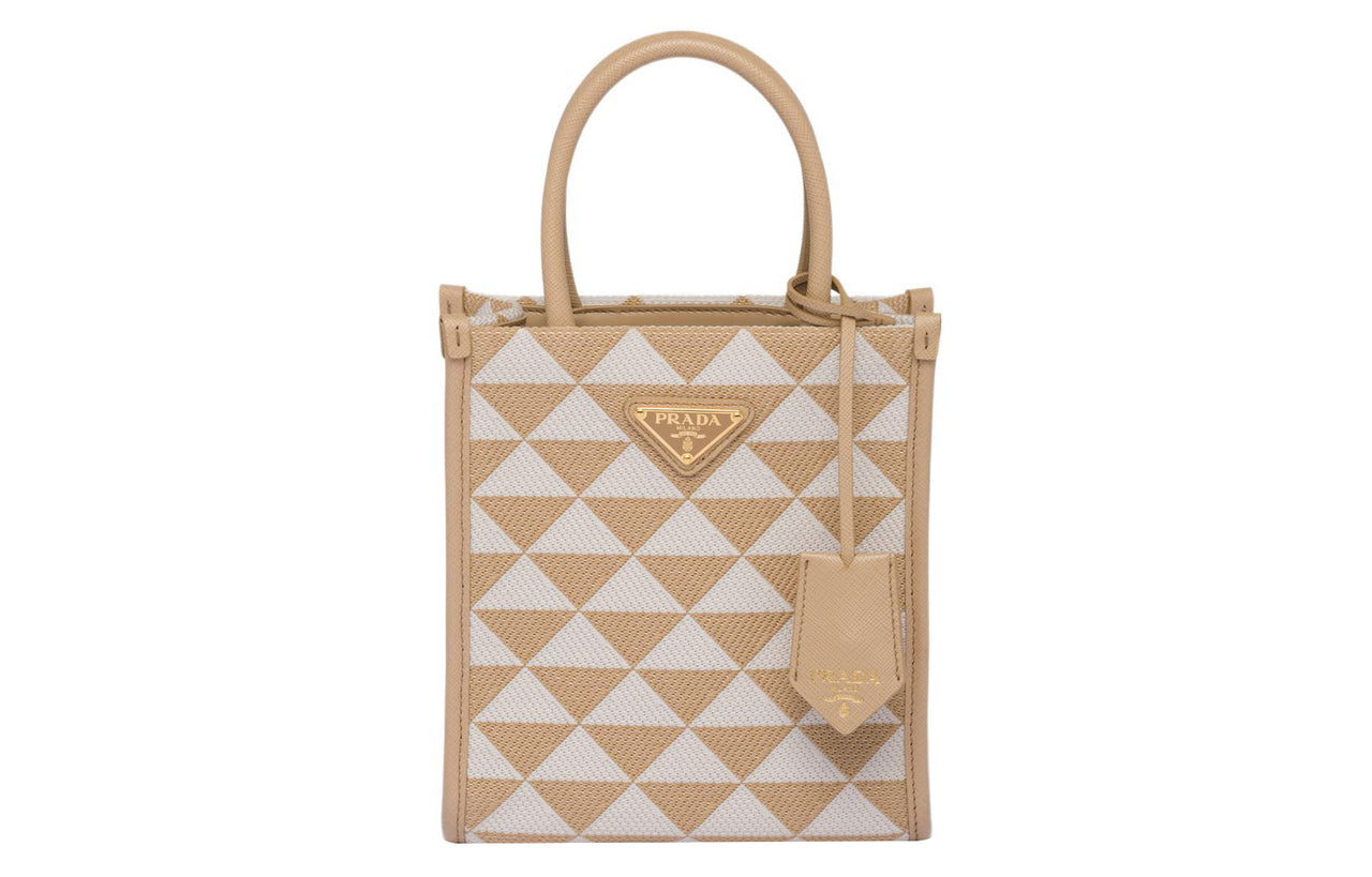 PRADA Symbole Fabric With Leather Tote Bag Shopping Bag Shoulder Bag Crossbody Bag Handbag Mini Women's White/Beige