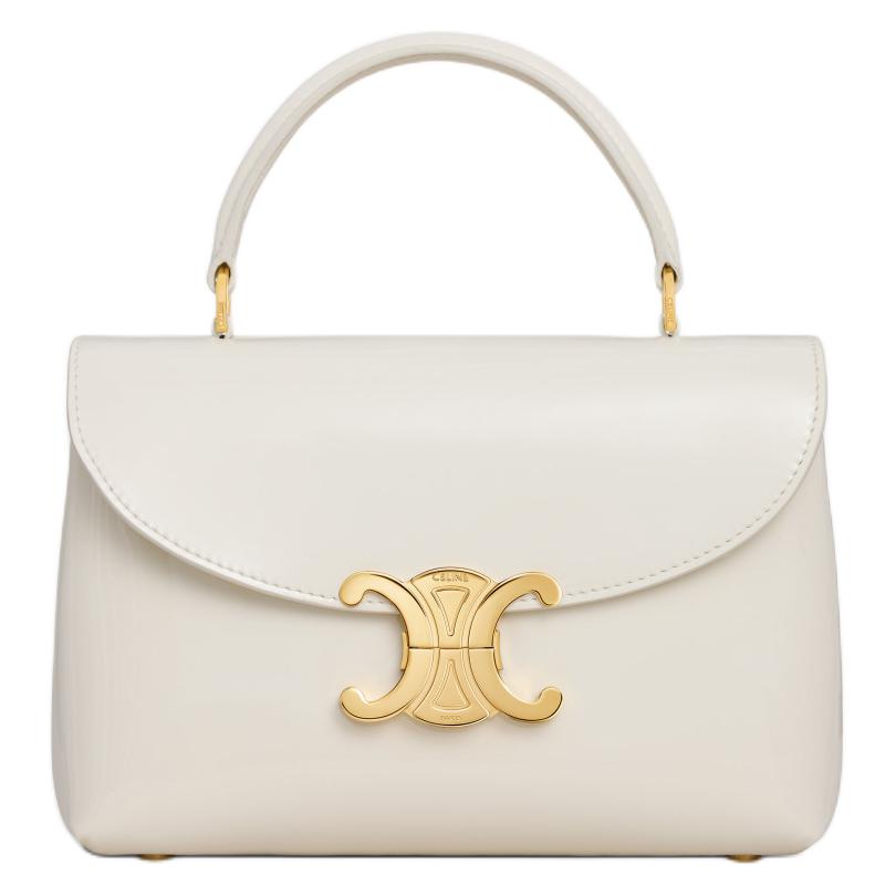CELINE Lacquered Finish Cow Leather Shoulder Bag, Crossbody Bag, Handbag Regular Women's Cotton White