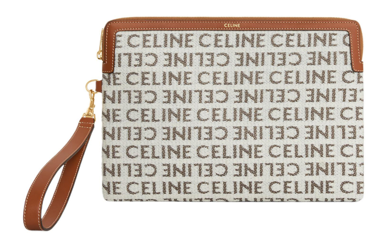 CELINE Calfskin Textile Clutch Small Size Women's Natural/Tan