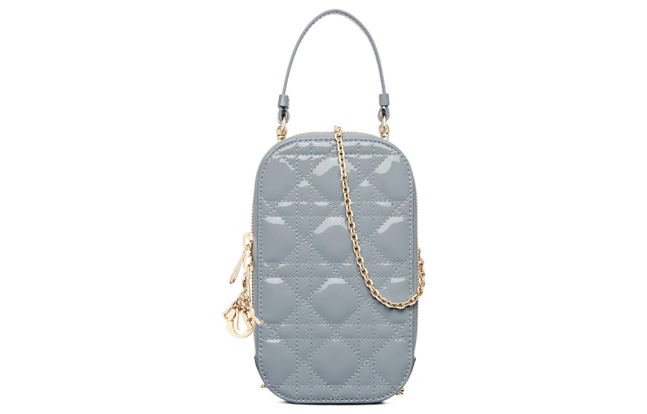 DIOR Lacquered Finish Calfskin Handheld Handbag, Shoulder Bag, Crossbody Bag, Cell Phone Pouch Women's Haze Blue