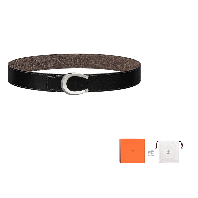 HERMES Cow Leather Leather Belts Men's Black/Tin Gray Width: 3.8cm