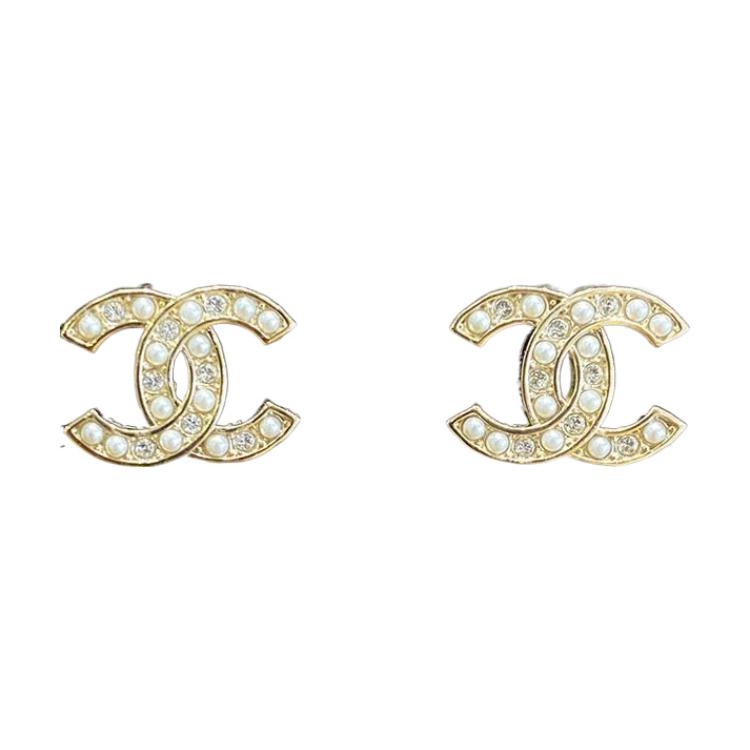 CHANEL Pearl Rhinestone Stud Earrings Women's Silver