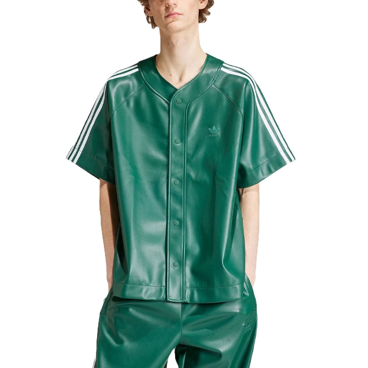 adidas Faux Leather Adicolor 3-Stripes Baseball Shirt Asia Sizing 'Collegiate Green' IZ4047