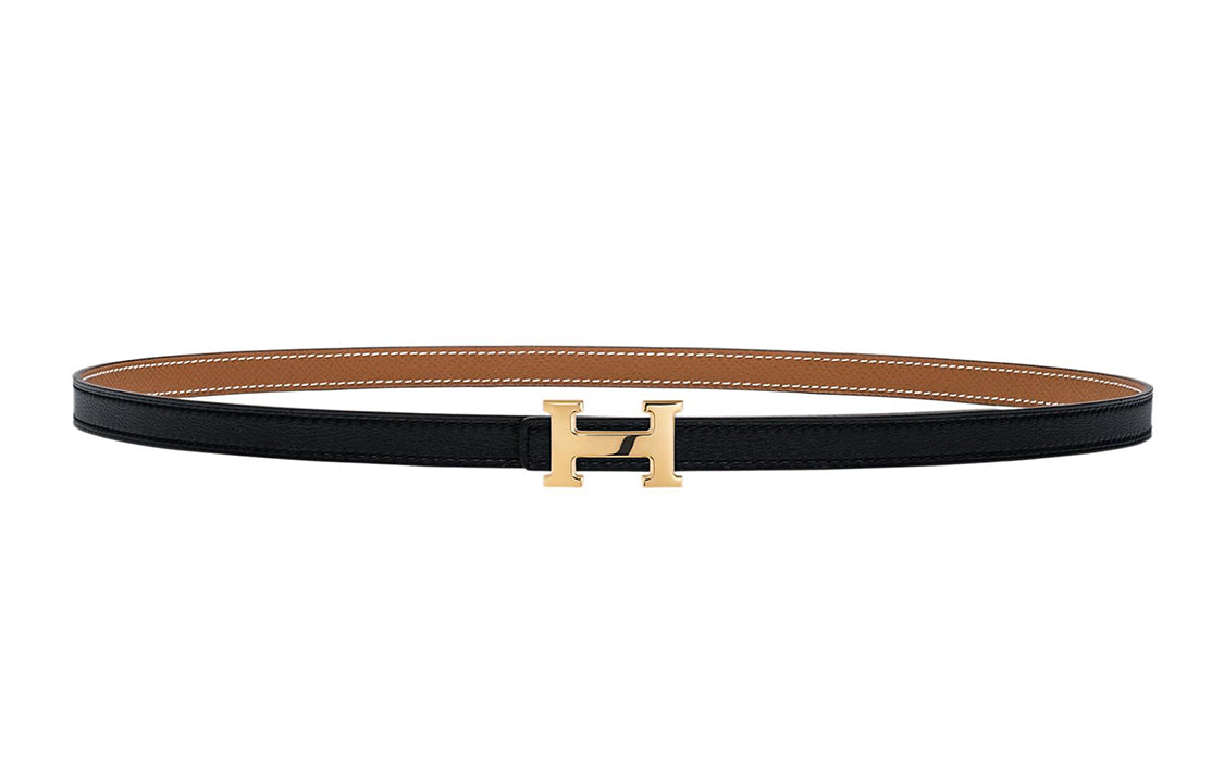 HERMES Mini H Classic Logo Double Sided Smooth Buckle Calfskin Leather Belts Women's Black Width 1.3CM