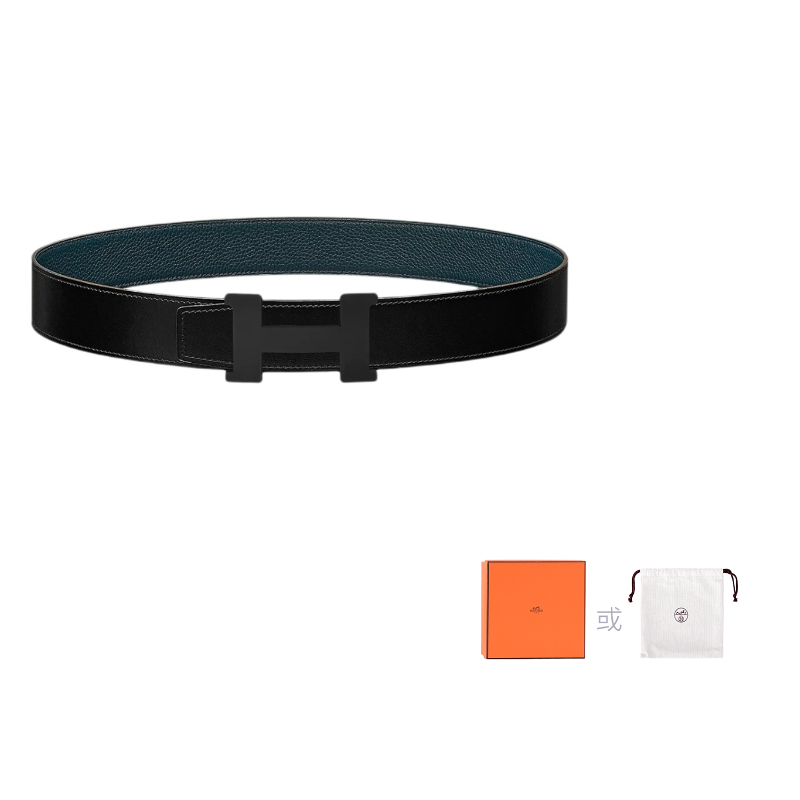 HERMES Togo Calfskin Double-Sided Belt Leather Belts Unisex Black/Blue Width: 3.8cm