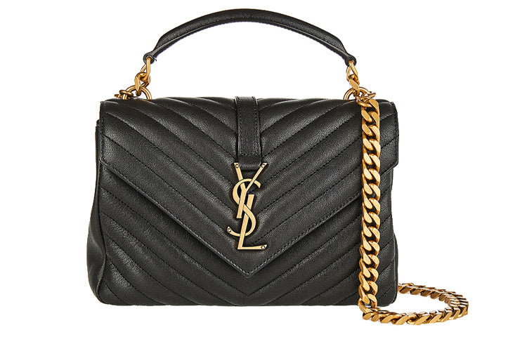 SAINT LAURENT Logo Plaque Shoulder Bag Quilted Black