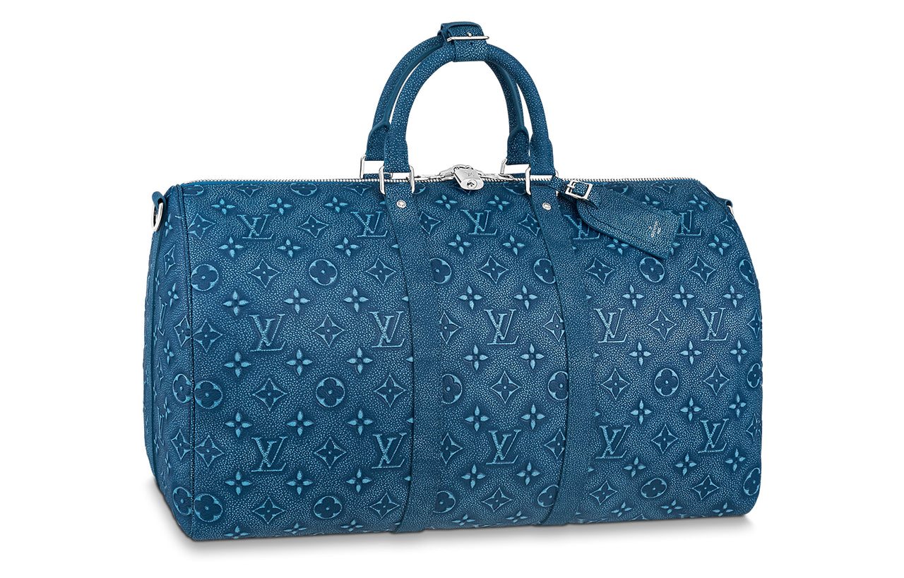 LOUIS VUITTON KeepallBandoulière Cow Leather Handbag Shoulder Bag Crossbody Bag Travel Bag Men's Blue