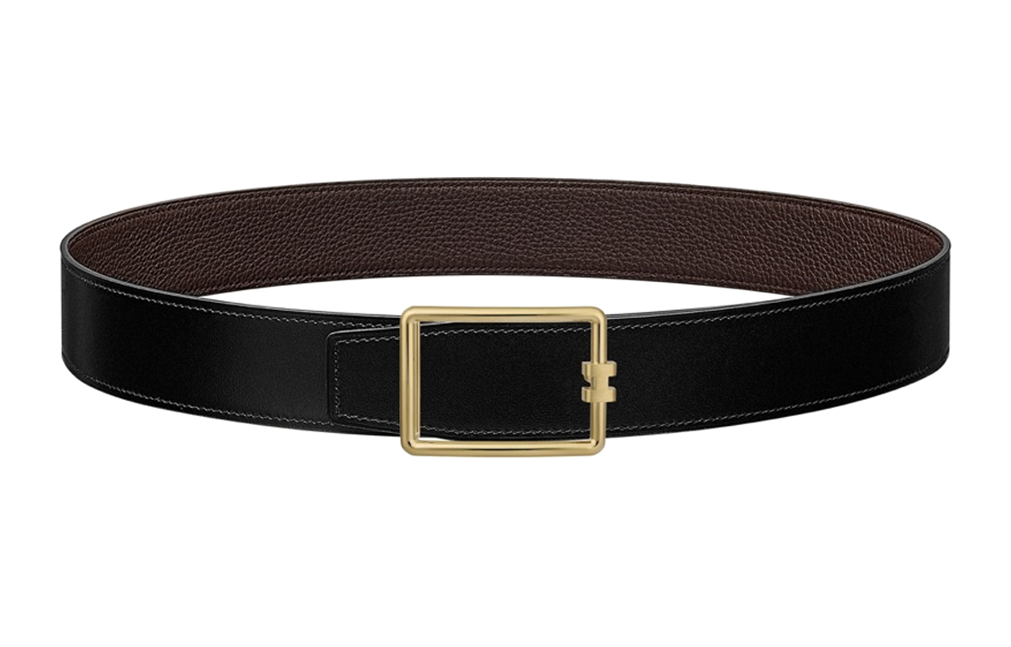 HERMES Calfskin Double-Sided Leather Leather Belts Men's Black Width: 3.8cm