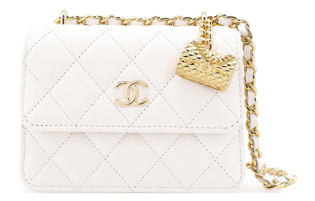 CHANEL WOC Embossed Calfskin With Grains Flap Bag Clutches Handbag Shoulder Bag Crossbody Bag Small Size Women's White