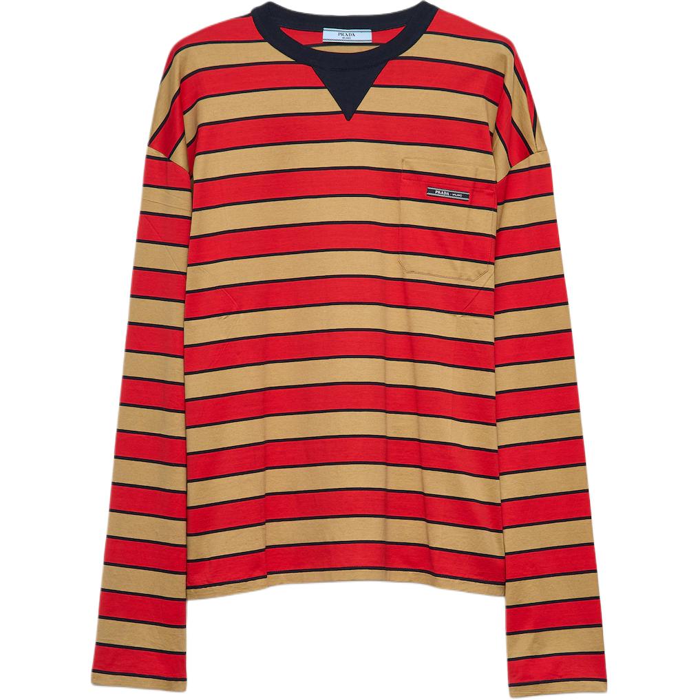 PRADA Logo Patch Striped Long Sleeved T Shirt