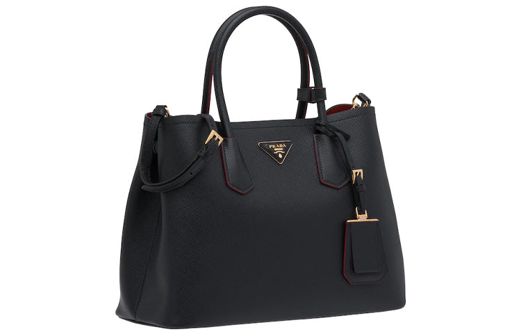 PRADA Double Leather Handbag Medium Size Women's Black