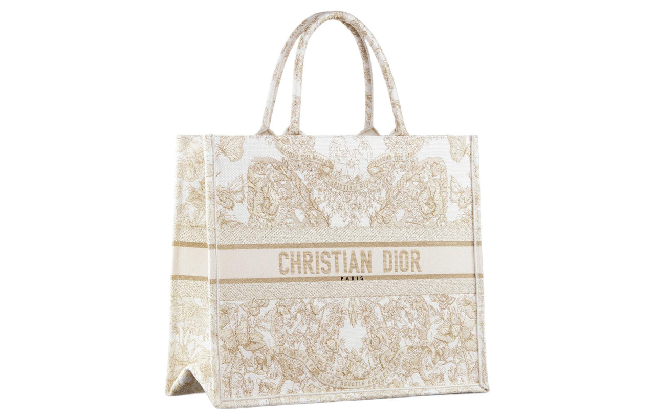 DIOR BookTote Embroidery Tote Bag, Shopping Bag, Handbag Tubas Women's Gold & White