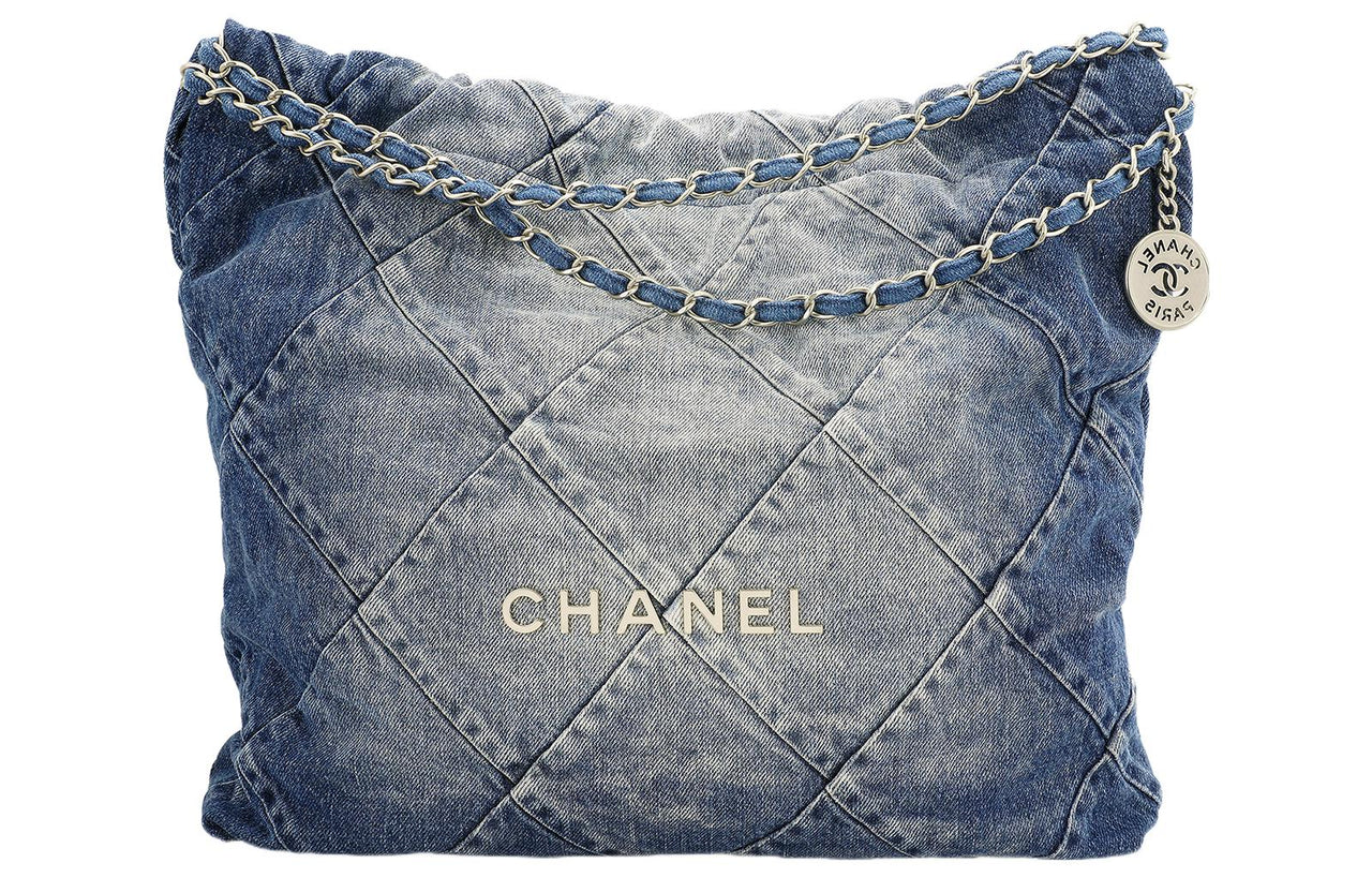 CHANEL 22Bag Distressed Denim Trash Bag Tote Bag Shopping Bag Handbag Shoulder Bag Unisex Washed Denim Blue