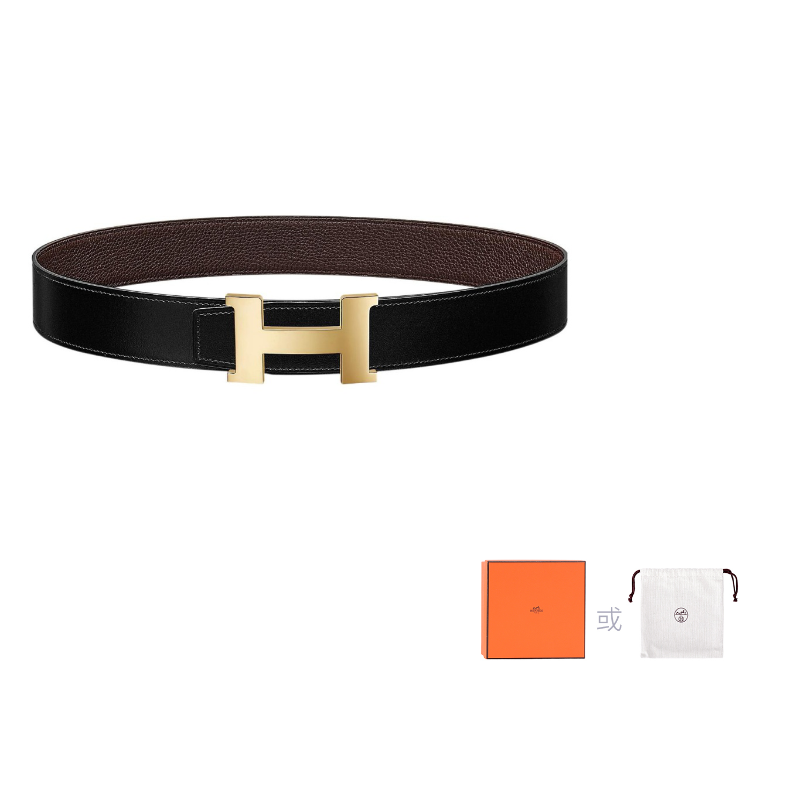 HERMES Cow Leather Leather Belts Men's Black/Chocolate Width: 3.8cm