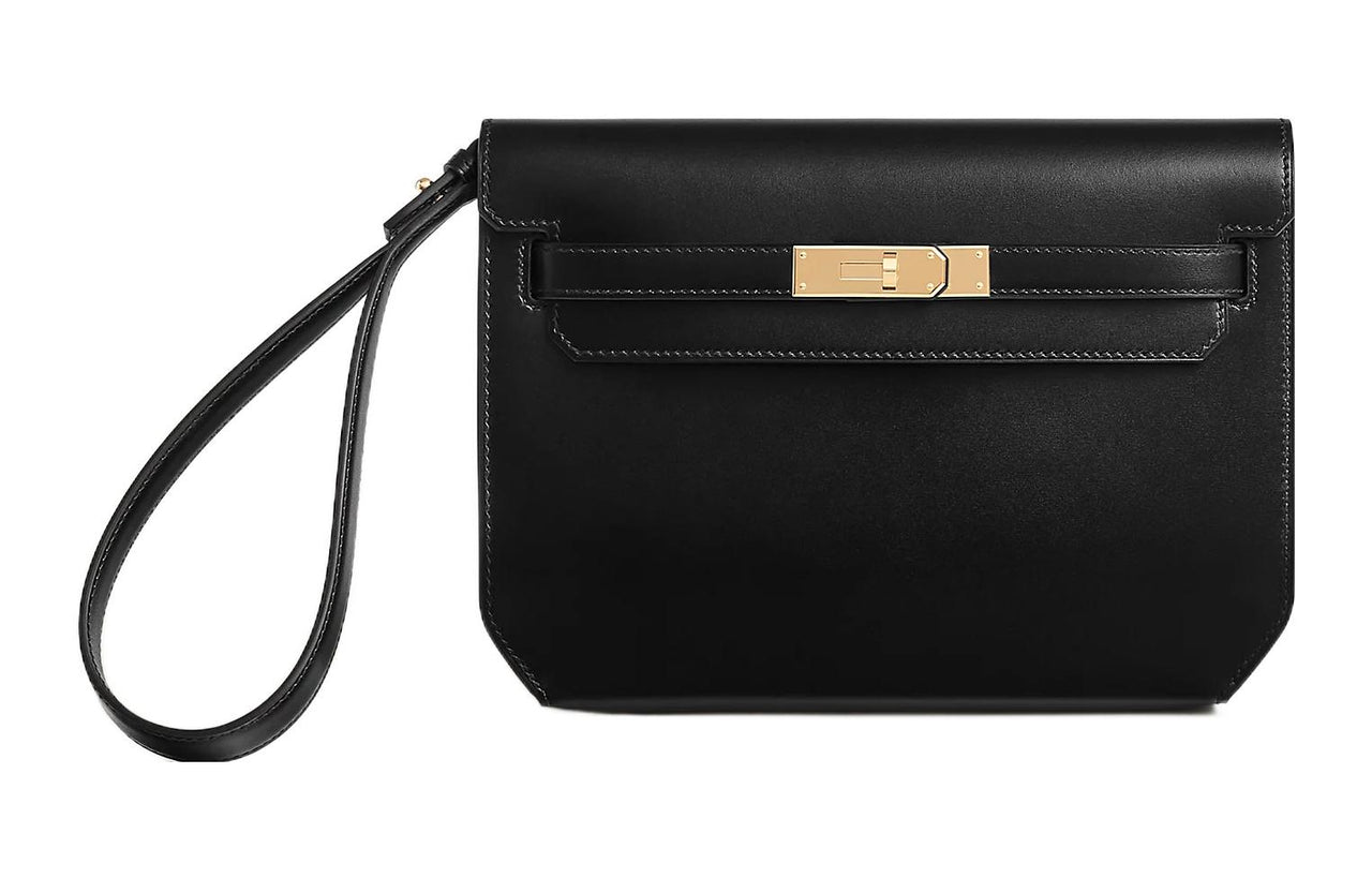 HERMES Kelly Depeches Box Leather Clutch Men's Noir Black