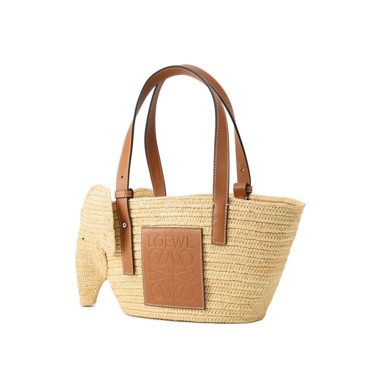 LOEWE Elephant Basket Bag In Raffia And Calfskin Small Natural/Tan