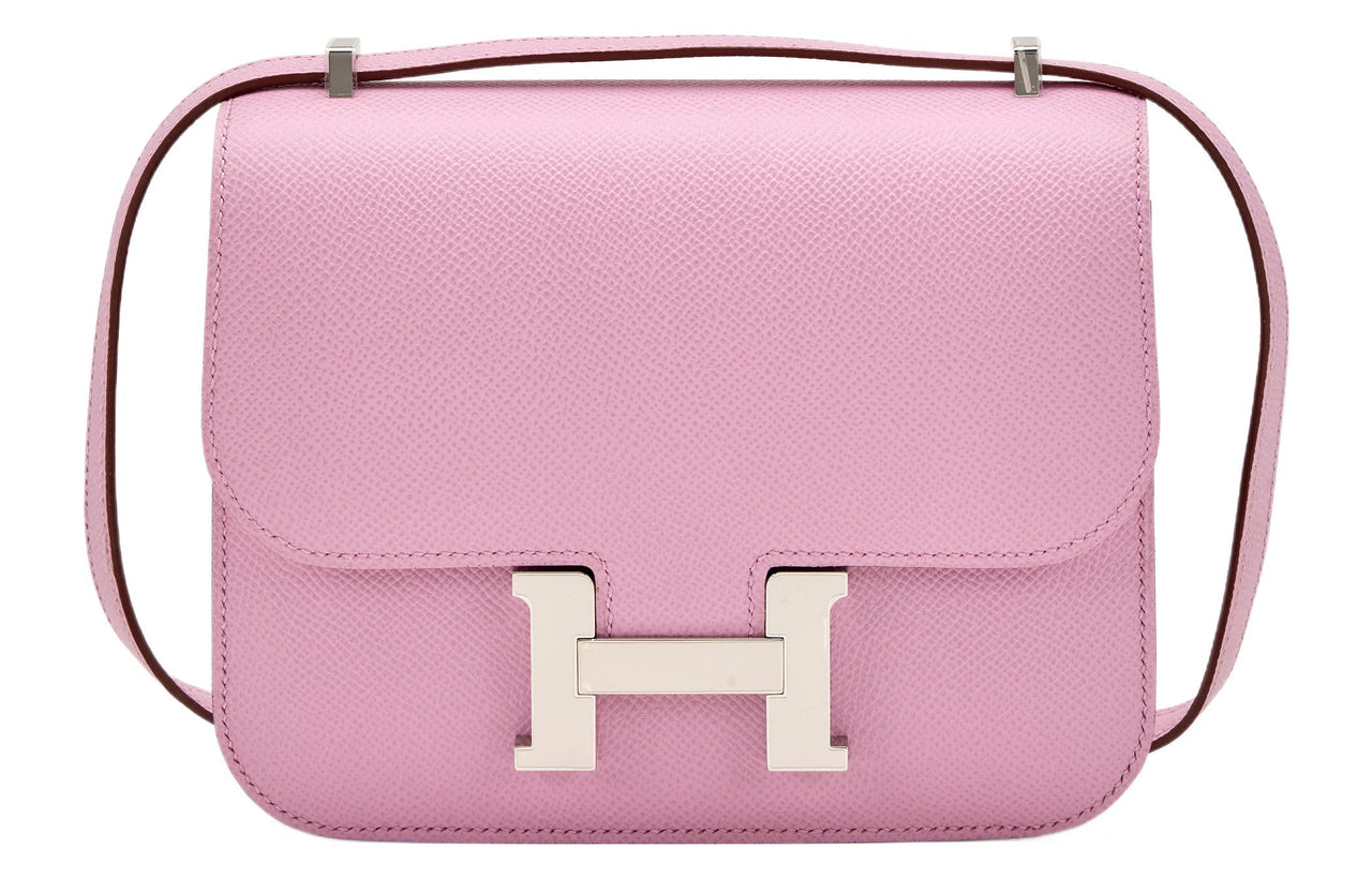 HERMES Constance Epsom Leather Shoulder Bag, Crossbody Bag Women's X9 Mauve Sylvestre Mallow Purple/Forest Purple