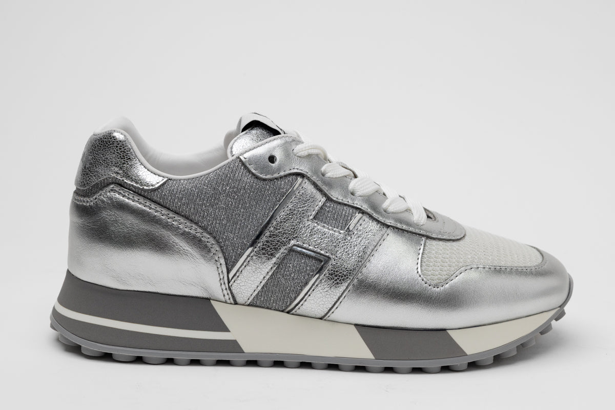Hogan H383 Leather Sneakers in White/Silver
