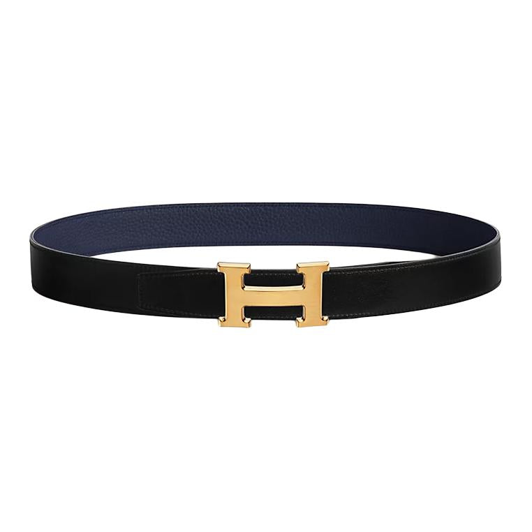 HERMES Metal, Gold Plated, Calfskin Leather Belts Men's Black Width 3.2cm