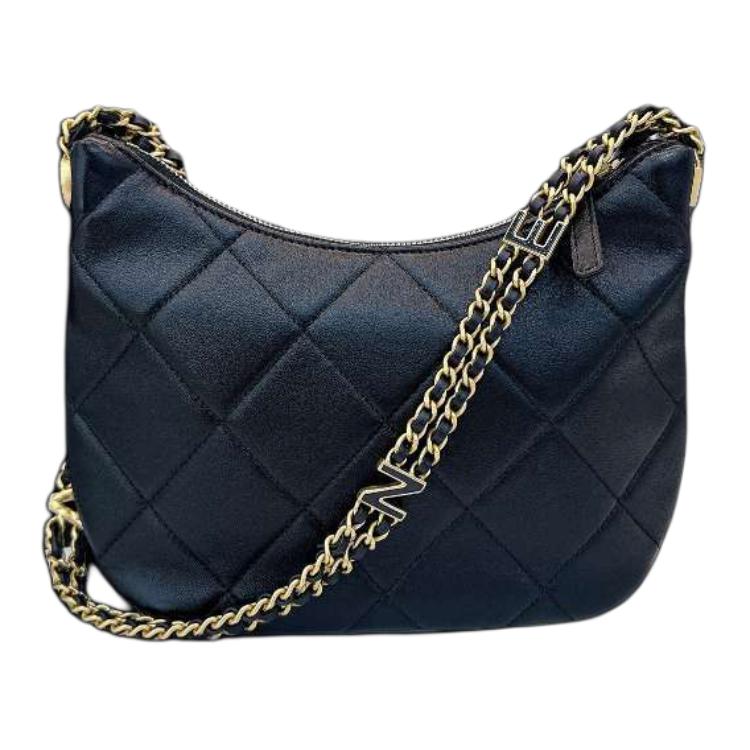 CHANEL Smooth Cow Leather Hobo Bag, Hippie Bag, Handbag, Shoulder Bag Women's Black