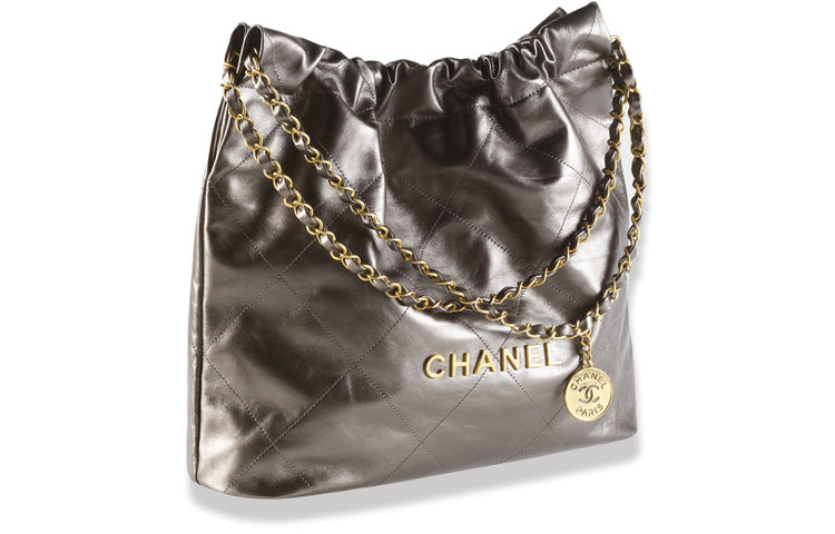 CHANEL 22Bag Cow Leather And Gold Metal Handbag, Shoulder Bag Medium Size Women's Ruthenium Metallic