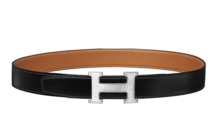 HERMES Martelee H Letter Silver Buckle Togo Calfskin Double-Sided Leather Belt Men's Black/Gold Width: 3.2cm
