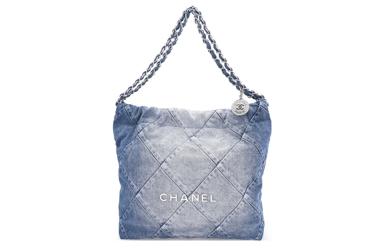 CHANEL 22Bag Distressed Denim Trash Bag Handbag Shoulder Bag Women's Washed Denim Blue