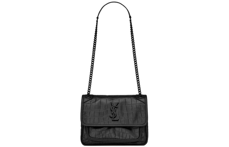 SAINT LAURENT Niki Crocodile Pattern Embossed Leather Hobo Bag Crossbody Bag Shoulder Bag Women's Black