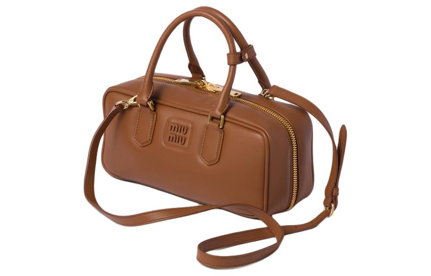 MIU MIU Arcadie Series Leather Bowling Bag, Shoulder Bag, Crossbody Bag, Handbag Women's Cognac