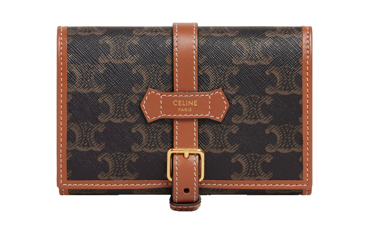 CELINE Triomphe Canvas And Calfskin Zip Closure Coin Purses Card Holders Women's Tan