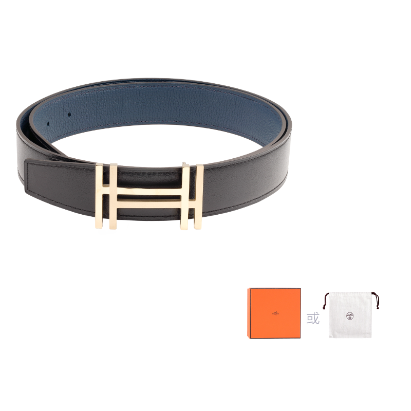 HERMES Cow Leather Belts Men's Black/Prussian Blue Width 3.2cm