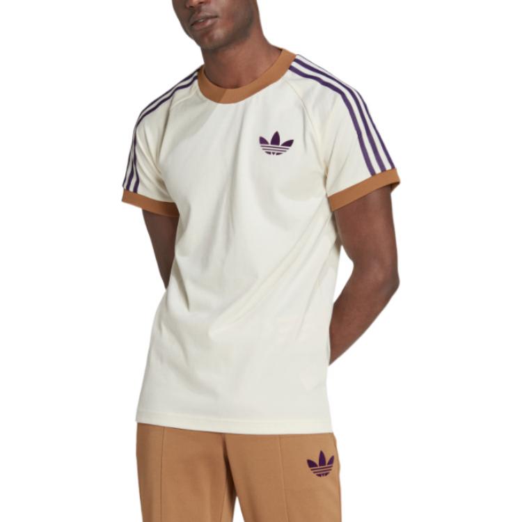 Men's adidas originals Cali Tee Shoulder Stripe Ribbed Round Neck Short Sleeve Milky White T-Shirt IB3422