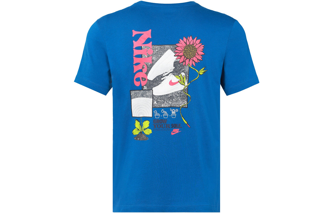 Men's Nike Logo Plant Flowers Pattern Printing Round Neck Casual Short Sleeve Sky Blue T-Shirt DQ1034-407