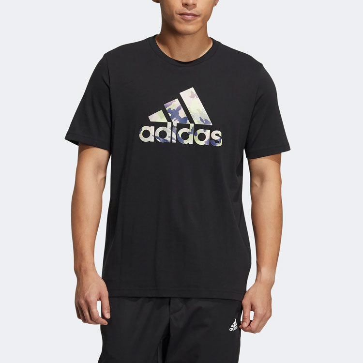 adidas Camouflage Alphabet Logo Printing Round Neck Short Sleeve Black HE7418
