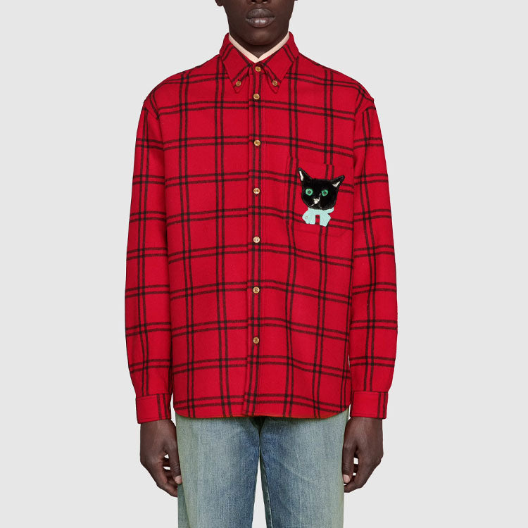 Gucci Check Wool Shirt With Gucci Cat Patch 'Red' 663380-ZAHB1-6153