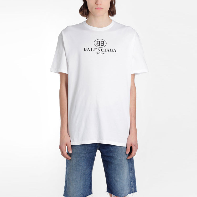 Men's Balenciaga Logo Printing Round Neck Short Sleeve White 556150TYK239000