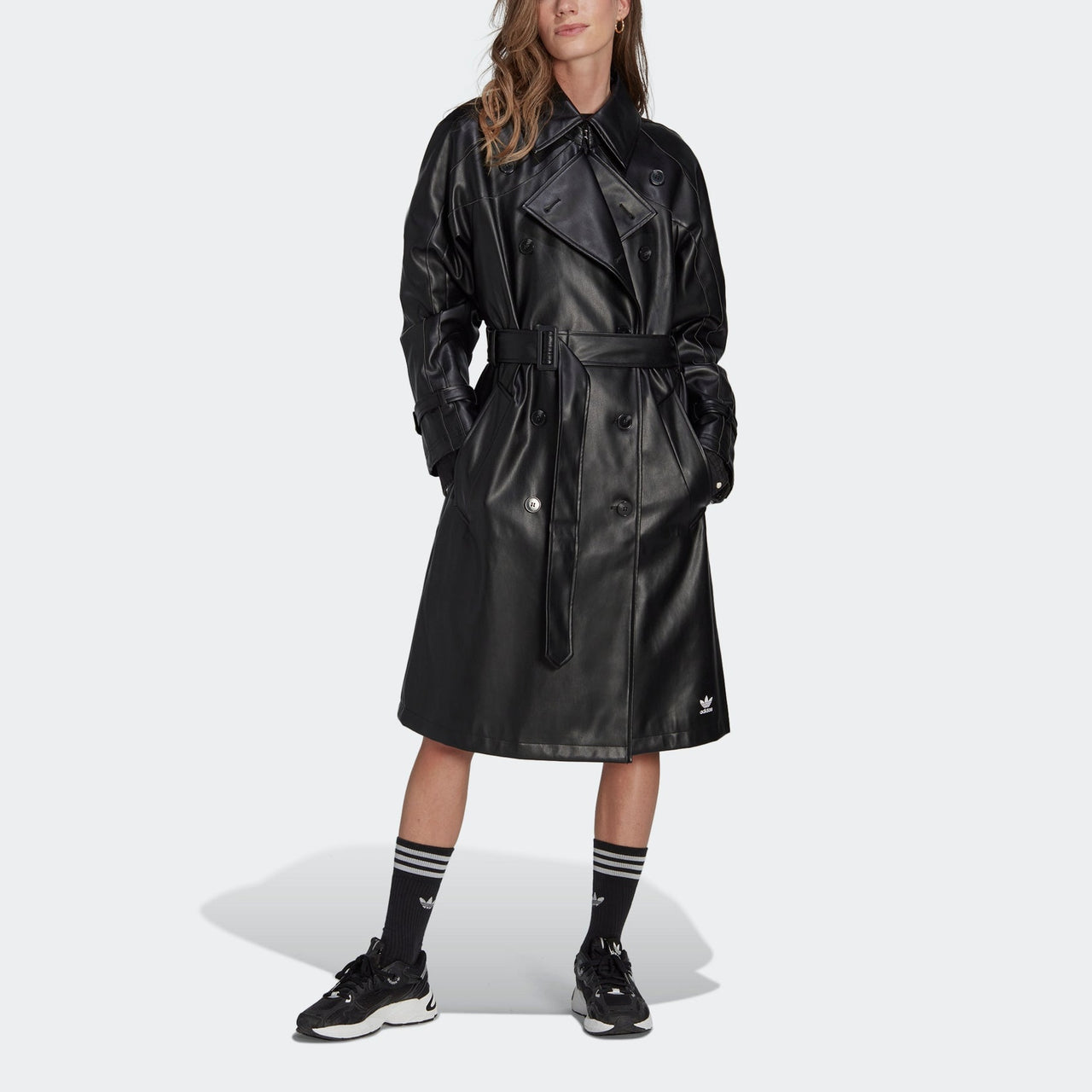 (WMNS) adidas Adicolor Trefoil Faux Leather Trench Coat 'Black' II6083