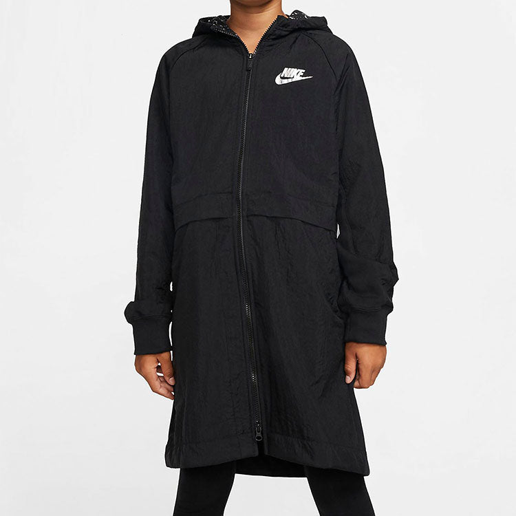 (GS) Nike Logo Printing Fleece Hooded Mid-Length Sports Girls Black Jacket BV3058-010