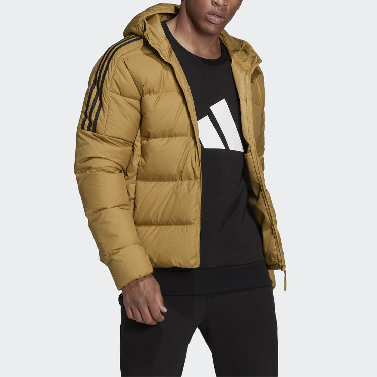 Men's adidas Logo Solid Color Long Sleeves Hooded Down Jacket Wheat Brown HD9743
