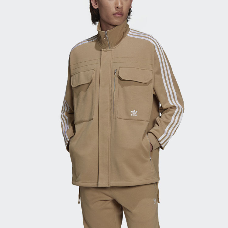 Men's adidas originals x Work Parley Crossover Casual Breathable Stripe Long Sleeves Khaki Shirt HD2516