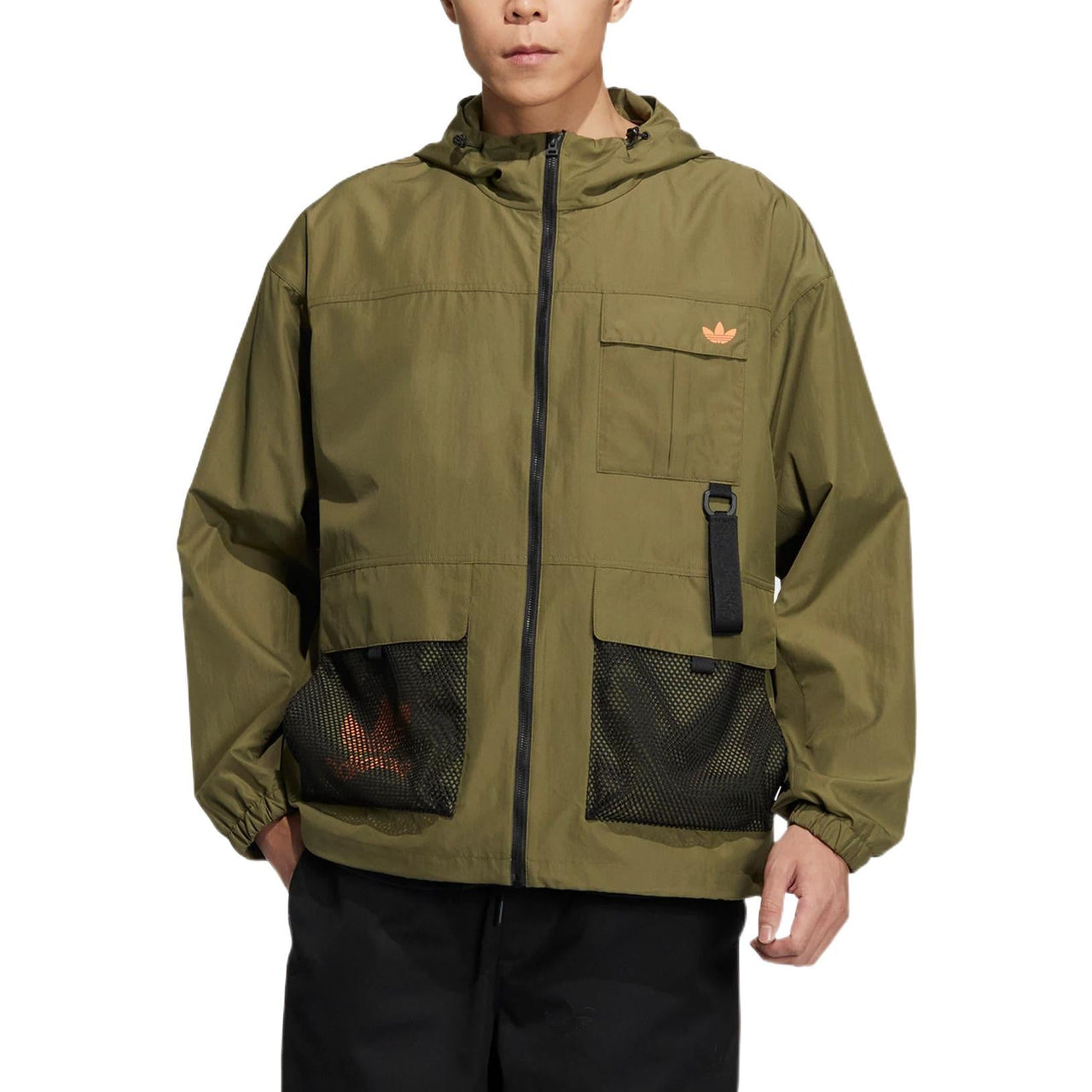 Men's adidas original Logo Printing Pattern Zipper Hooded Jacket Military Green HS1909
